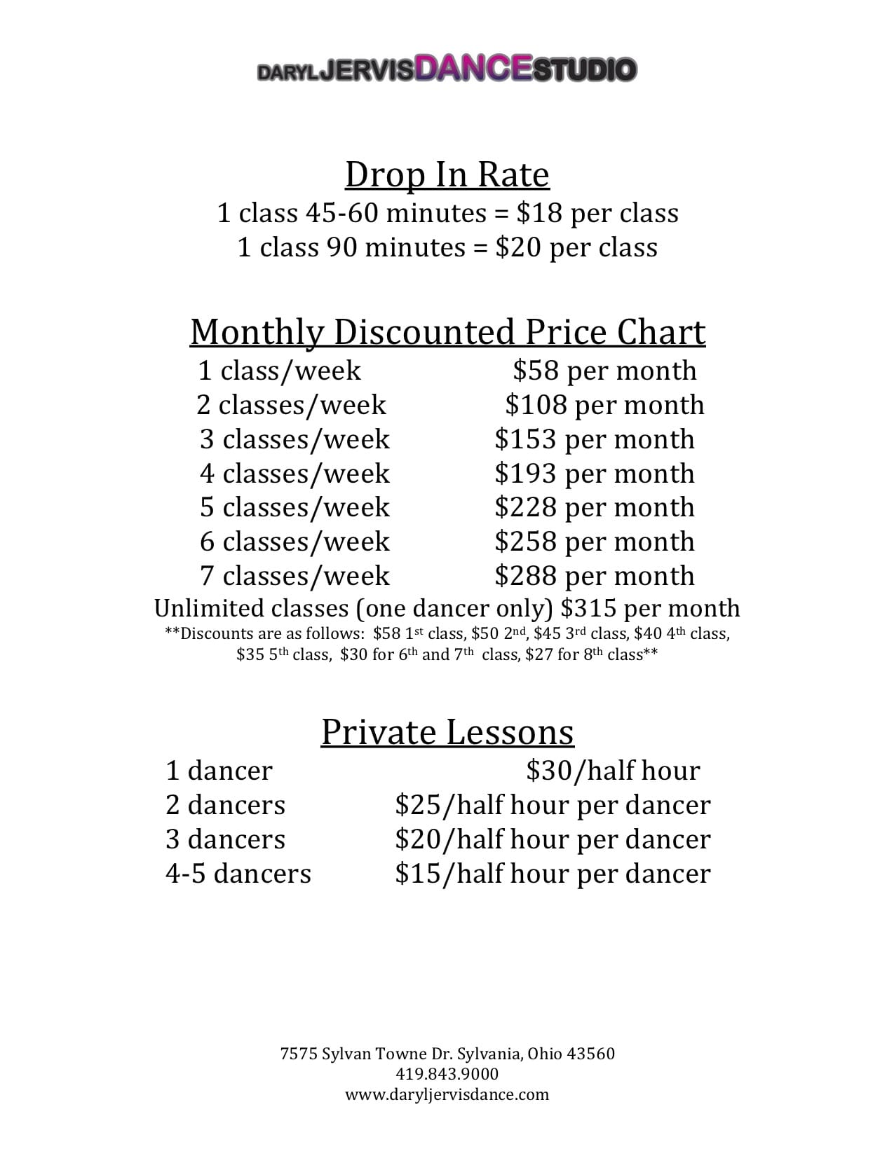 Fall 202324 Fall/Winter Schedule Daryl Jervis Dance Studio